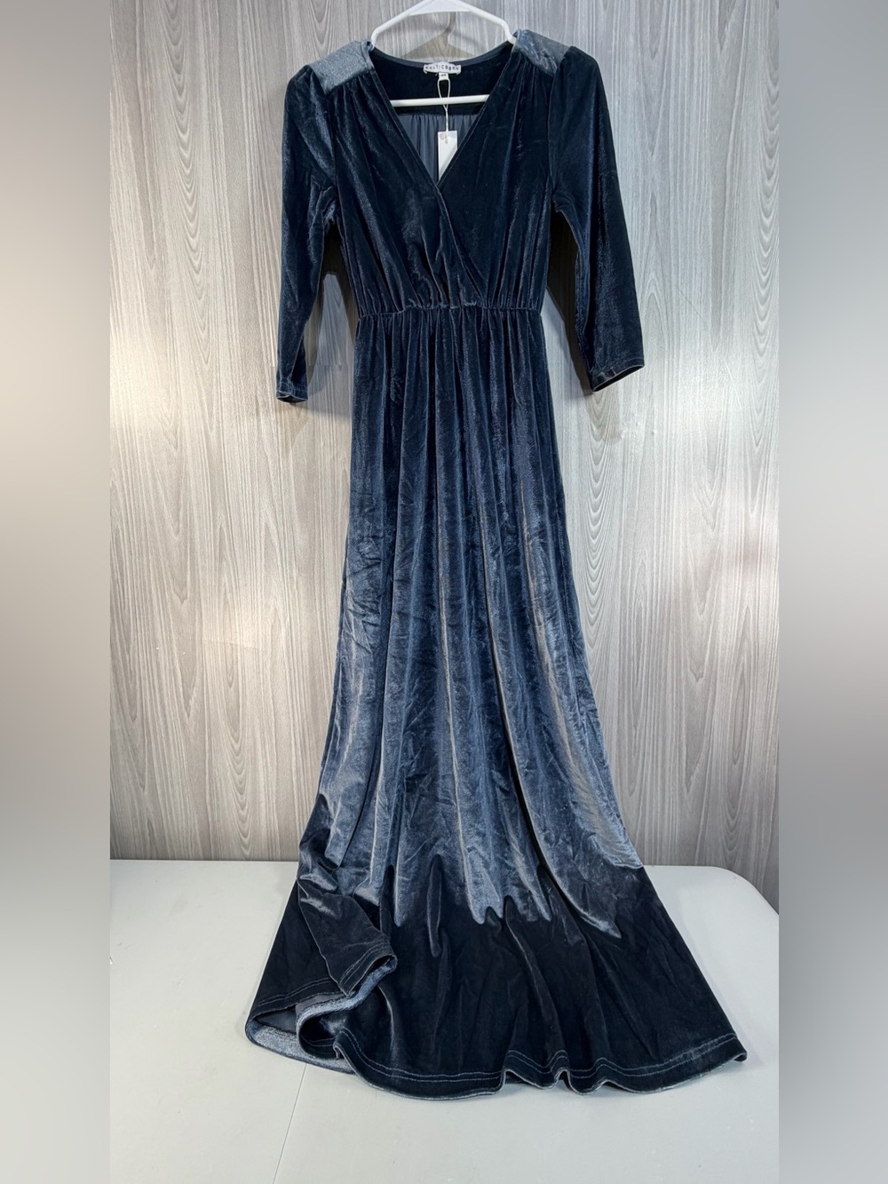 Baltic Born Sofia Velour Velvet Faux Wrap Surplice Gray Blue Maxi Dress XS NWT